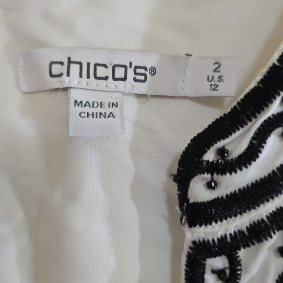 Chico’s Boho Embroidered Beaded Tunic Top Blouse 12 Balloon Sleeves White Black - Picture 4 of 5